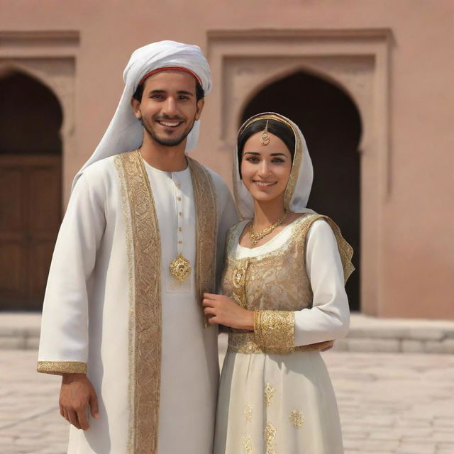 Create an animation of a cheerful Yemeni husband and wife dressed in traditional attire. They should be interacting warmly, their happiness infectious, exemplifying the rich culture of Yemen and the warm spirit of its people.