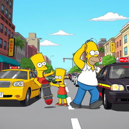 A comically exaggerated scene with Homer leading Bart by the shoulder towards a busy intersection, but with a humorous twist - instead of force, there's a playful, cartoonish misunderstanding