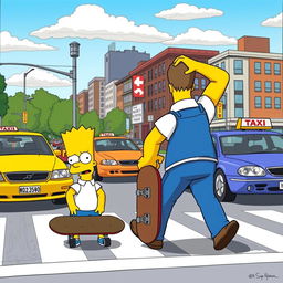 A comically exaggerated scene with Homer leading Bart by the shoulder towards a busy intersection, but with a humorous twist - instead of force, there's a playful, cartoonish misunderstanding