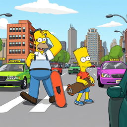 A comically exaggerated scene with Homer leading Bart by the shoulder towards a busy intersection, but with a humorous twist - instead of force, there's a playful, cartoonish misunderstanding