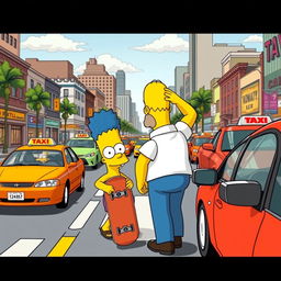 A comically exaggerated scene with Homer leading Bart by the shoulder towards a busy intersection, but with a humorous twist - instead of force, there's a playful, cartoonish misunderstanding