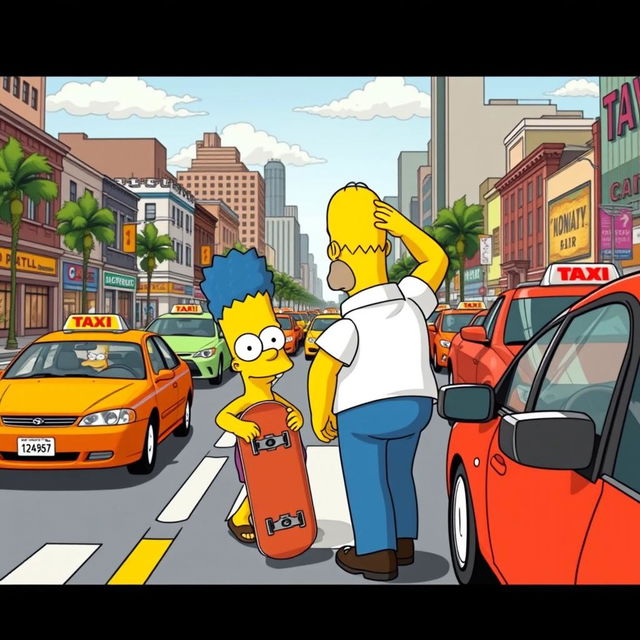 A comically exaggerated scene with Homer leading Bart by the shoulder towards a busy intersection, but with a humorous twist - instead of force, there's a playful, cartoonish misunderstanding