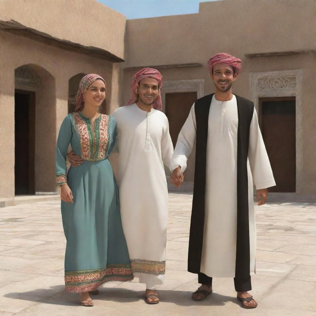 Create a cartoon-style animation of a joyful Yemeni husband and wife in their traditional outfits. They are involved in a lively conversation, their faces beaming with happiness, offering glimpses into the vibrant Yemeni culture.