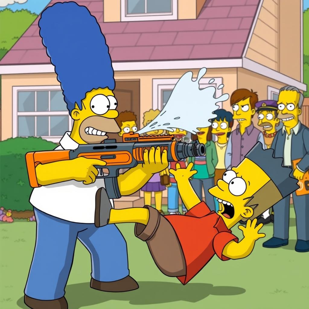 A Simpsons-inspired scene with Homer and Bart in a playful and comedic setting