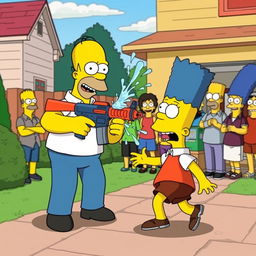 A Simpsons-inspired scene with Homer and Bart in a playful and comedic setting