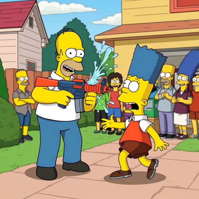 A Simpsons-inspired scene with Homer and Bart in a playful and comedic setting