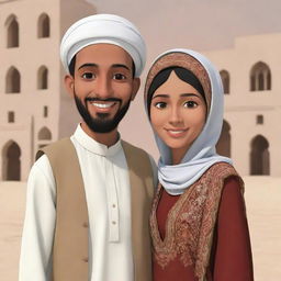 Create a cartoon-style animation of a joyful Yemeni husband and wife in their traditional outfits. They are involved in a lively conversation, their faces beaming with happiness, offering glimpses into the vibrant Yemeni culture.