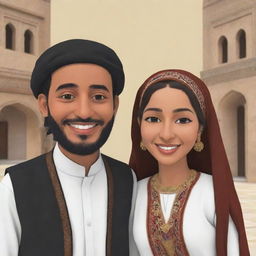 Create a cartoon-style animation of a joyful Yemeni husband and wife in their traditional outfits. They are involved in a lively conversation, their faces beaming with happiness, offering glimpses into the vibrant Yemeni culture.