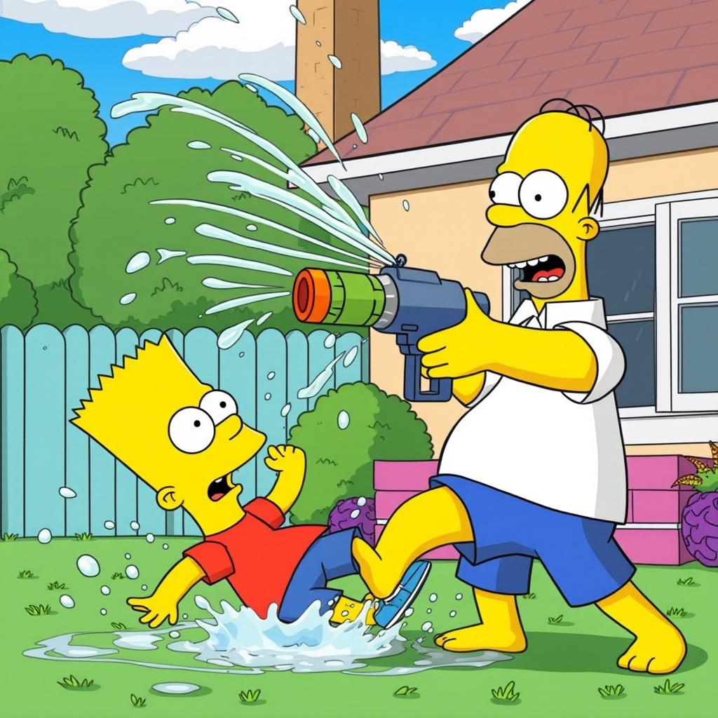 A Simpsons-inspired scene where Homer and Bart are engaged in a humorous and exaggerated water fight in their backyard