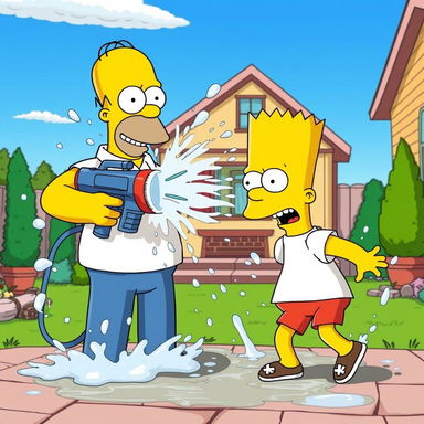 A Simpsons-inspired scene where Homer and Bart are engaged in a humorous and exaggerated water fight in their backyard