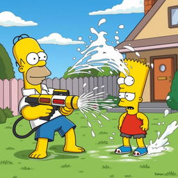 A Simpsons-inspired scene where Homer and Bart are engaged in a humorous and exaggerated water fight in their backyard