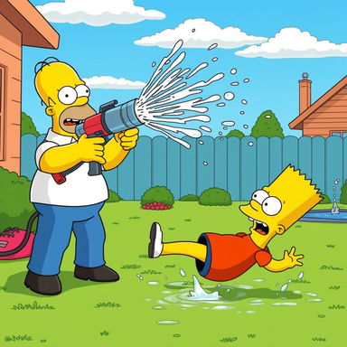 A Simpsons-inspired scene where Homer and Bart are engaged in a humorous and exaggerated water fight in their backyard