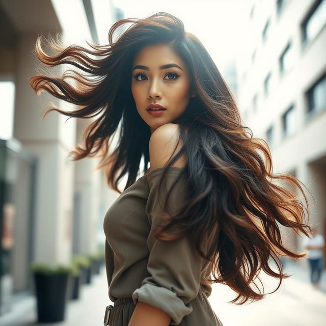 A stunning Asian woman with voluminous, flowing hair, captivating almond-shaped eyes, and a confident posture, emphasizing her curvaceous silhouette