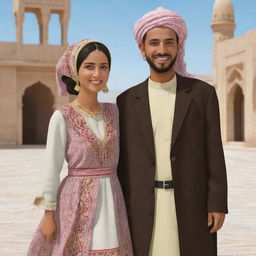 Create a cartoon-style animation of a joyful Yemeni husband and wife in their traditional outfits. They are involved in a lively conversation, their faces beaming with happiness, offering glimpses into the vibrant Yemeni culture.