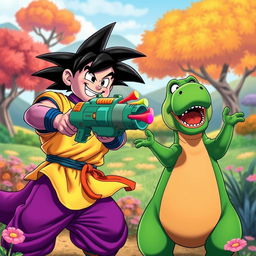 A playful and fantastical scene featuring Goku from Dragon Ball and Barney the Dinosaur in a humorous and exaggerated scenario