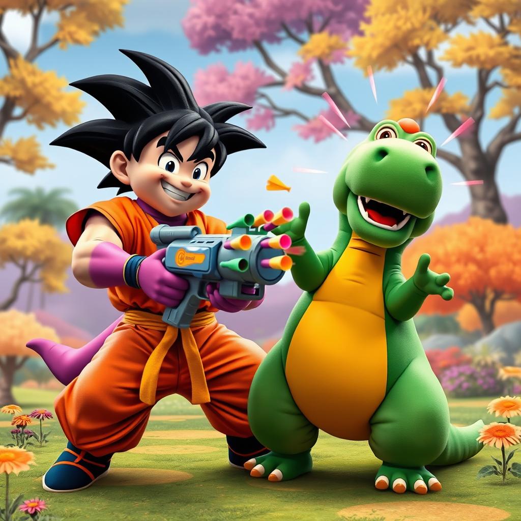 A playful and fantastical scene featuring Goku from Dragon Ball and Barney the Dinosaur in a humorous and exaggerated scenario