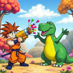 A playful and fantastical scene featuring Goku from Dragon Ball and Barney the Dinosaur in a humorous and exaggerated scenario