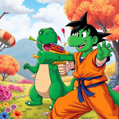 A playful and fantastical scene featuring Goku from Dragon Ball and Barney the Dinosaur in a humorous and exaggerated scenario