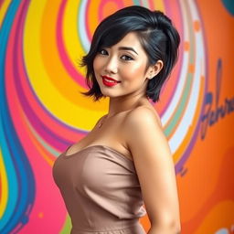 A confident and attractive Asian woman with a prominently curvaceous figure, set against a vibrant and colorful background