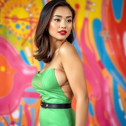 A confident and attractive Asian woman with a prominently curvaceous figure, set against a vibrant and colorful background