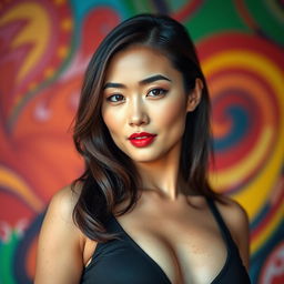 A confident and attractive Asian woman with a prominently curvaceous figure, set against a vibrant and colorful background