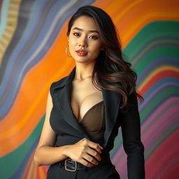 A confident and attractive Asian woman with a prominently curvaceous figure, set against a vibrant and colorful background