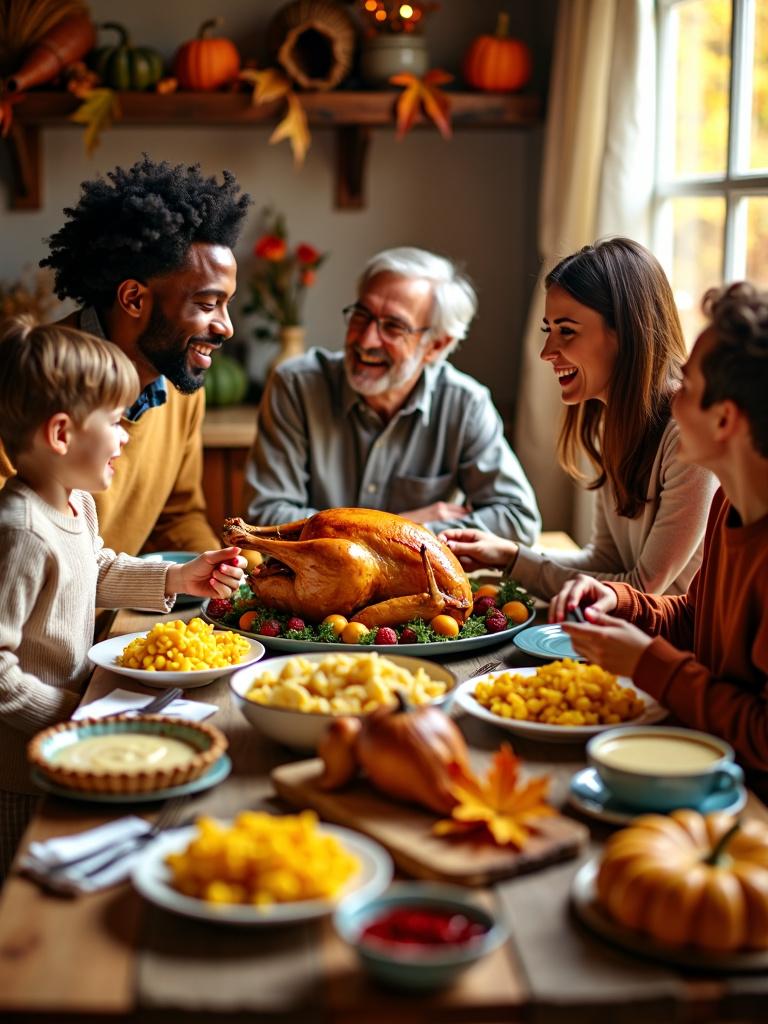 A beautiful Thanksgiving portrait poster featuring a warm and inviting family scene around a bountiful table