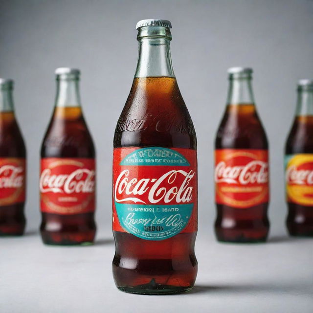 A unique, never-before-seen Coca-Cola bottle with vibrant colors and unconventional designs while maintaining the classic logo.