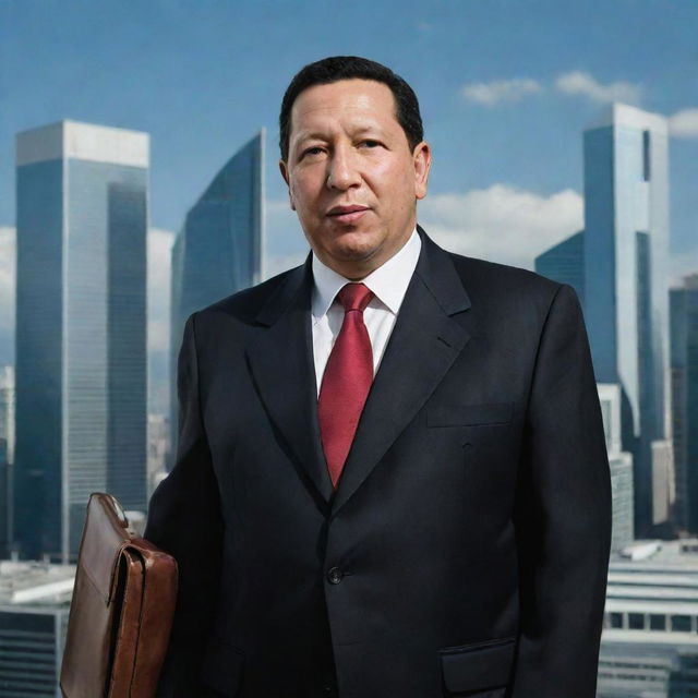 Generate an image of Hugo Chavez, previous president of Venezuela, in a capitalist setting. He should be wearing a business suit, standing in a modern cityscape with skyscrapers, holding a briefcase.