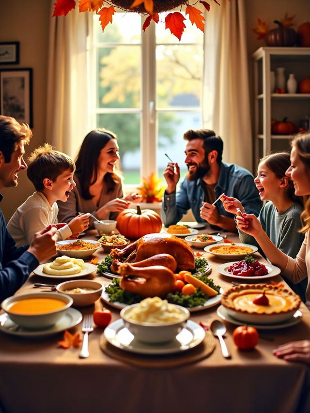 A beautiful Thanksgiving portrait poster depicting a heartwarming scene with a diverse family gathered around a sumptuous feast