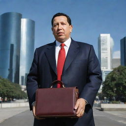 Generate an image of Hugo Chavez, previous president of Venezuela, in a capitalist setting. He should be wearing a business suit, standing in a modern cityscape with skyscrapers, holding a briefcase.