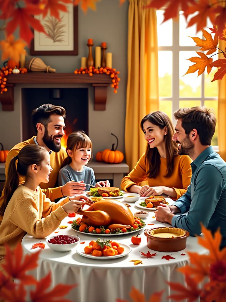 A beautiful Thanksgiving portrait poster featuring a warm, autumnal scene with a family gathered around a table laden with a bountiful feast