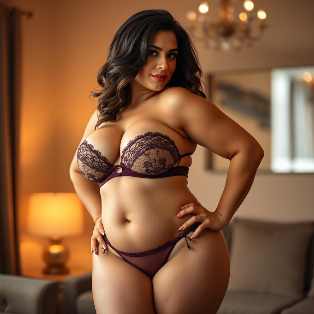 A curvy woman in a seductive pose, showcasing her large hips and voluptuous figure