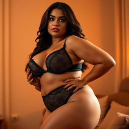 A curvy woman in a seductive pose, showcasing her large hips and voluptuous figure