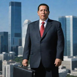 Generate an image of Hugo Chavez, previous president of Venezuela, in a capitalist setting. He should be wearing a business suit, standing in a modern cityscape with skyscrapers, holding a briefcase.