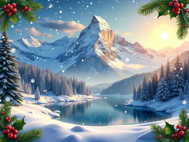 A breathtaking holiday landscape featuring a pristine snow-covered mountain with a clear blue sky, a serene lake reflecting the snowy peaks, and a lush evergreen forest adorning the foreground