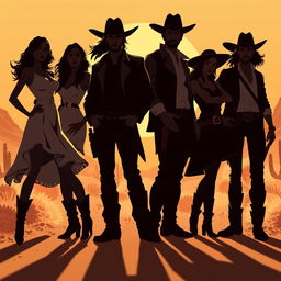 A silhouette illustration featuring a group of five people, consisting of two women and three men