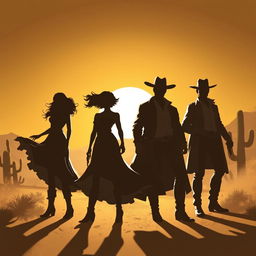 A silhouette illustration featuring a group of five people, consisting of two women and three men