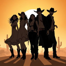 A silhouette illustration featuring a group of five people, consisting of two women and three men