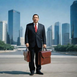 Generate an image of Hugo Chavez, previous president of Venezuela, in a capitalist setting. He should be wearing a business suit, standing in a modern cityscape with skyscrapers, holding a briefcase.