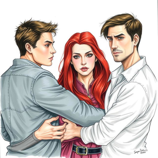 A realistic drawing depicting a man embracing a woman, while both are looking at a serious-looking red-haired woman who is with another man