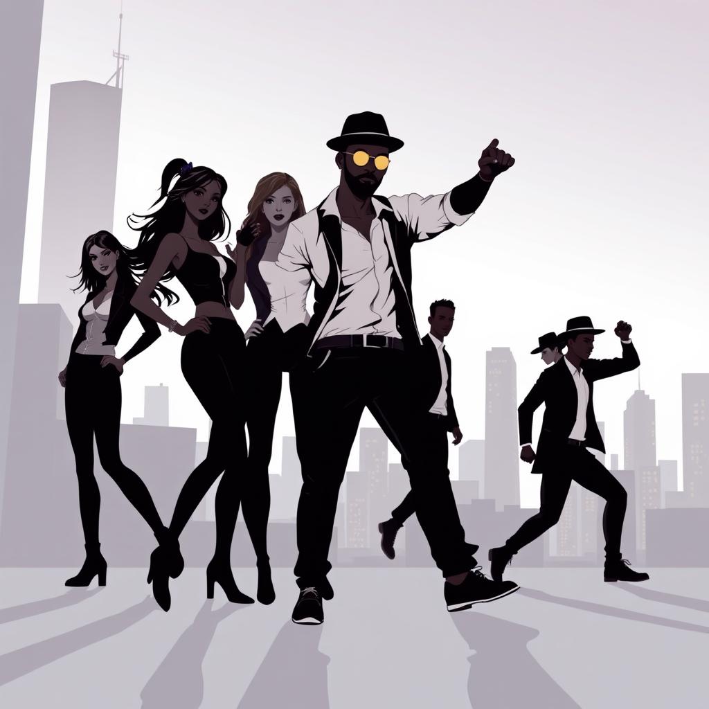 A silhouette illustration featuring a group of five people, including two women and three men