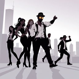 A silhouette illustration featuring a group of five people, including two women and three men