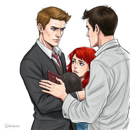 A realistic drawing depicting a man embracing a woman, while both are looking at a serious-looking red-haired woman who is with another man