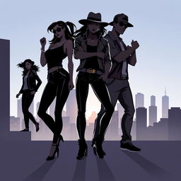 A silhouette illustration featuring a group of five people, including two women and three men