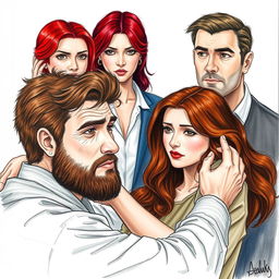 A realistic drawing depicting a man embracing a woman, while both are looking at a serious-looking red-haired woman who is with another man