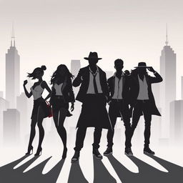 A silhouette illustration featuring a group of five people, including two women and three men