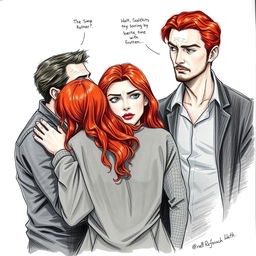 A realistic drawing depicting a man embracing a woman, while both are looking at a serious-looking red-haired woman who is with another man