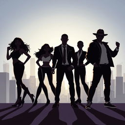 A silhouette illustration featuring a group of five people, including two women and three men