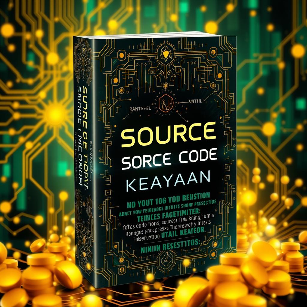 A captivating book cover titled 'Source Code Kekayaan' with a theme of wealth and technology